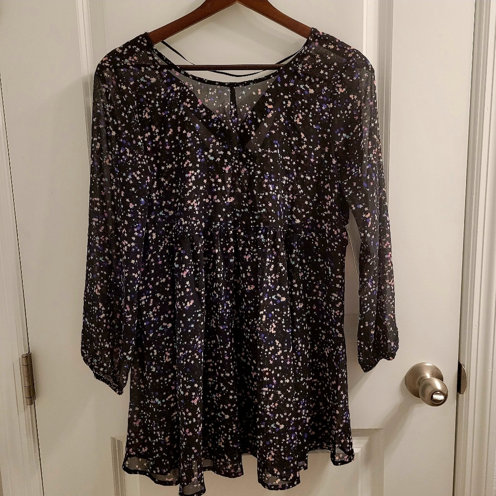 NWT! Bongo Starry Black Night Pastel Yellow Pink Purple Stars Sheer Caged Tunic